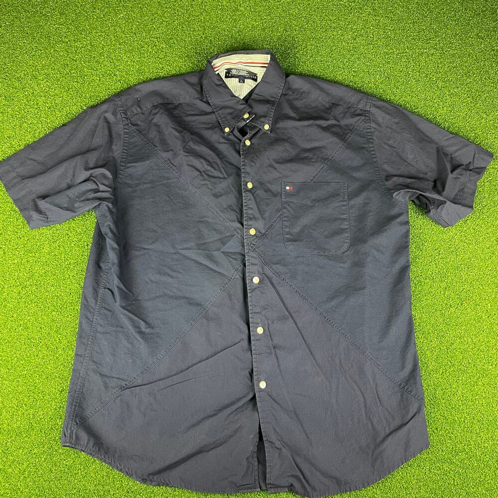 Vintage Tommy Hilfiger Mens Navy Short Sleeve Button Down Shirt Sz L